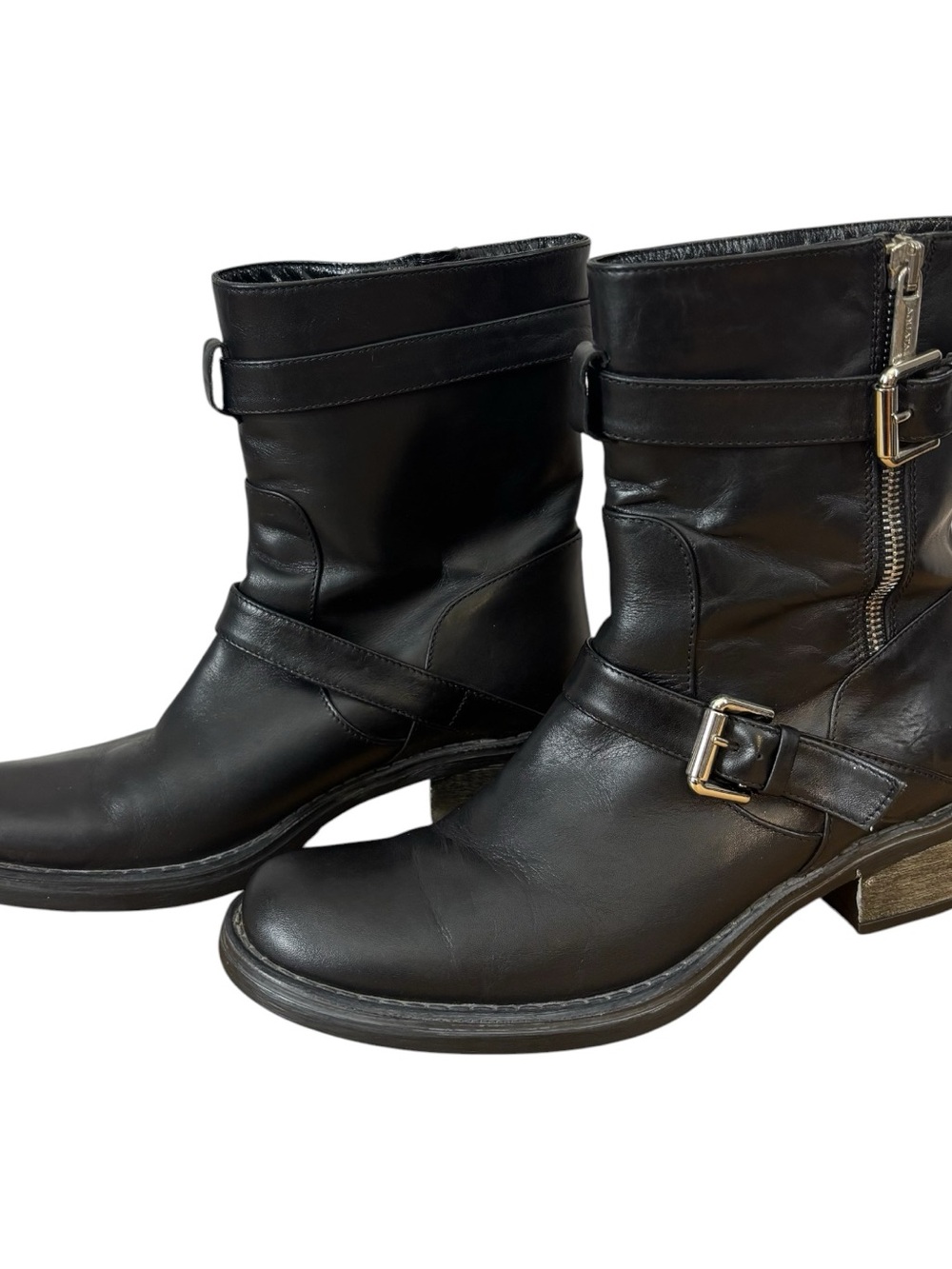 Aquatalia Black Leather Buckle Zip Moto Boots Women’s Size 6.5